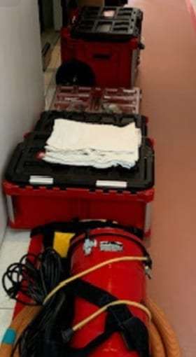 Hallway with floor protection and equipment cases